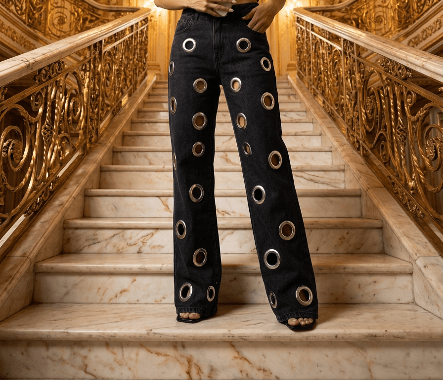 Modelo com a calca wide leg grommet em escadaria dourada frontal.