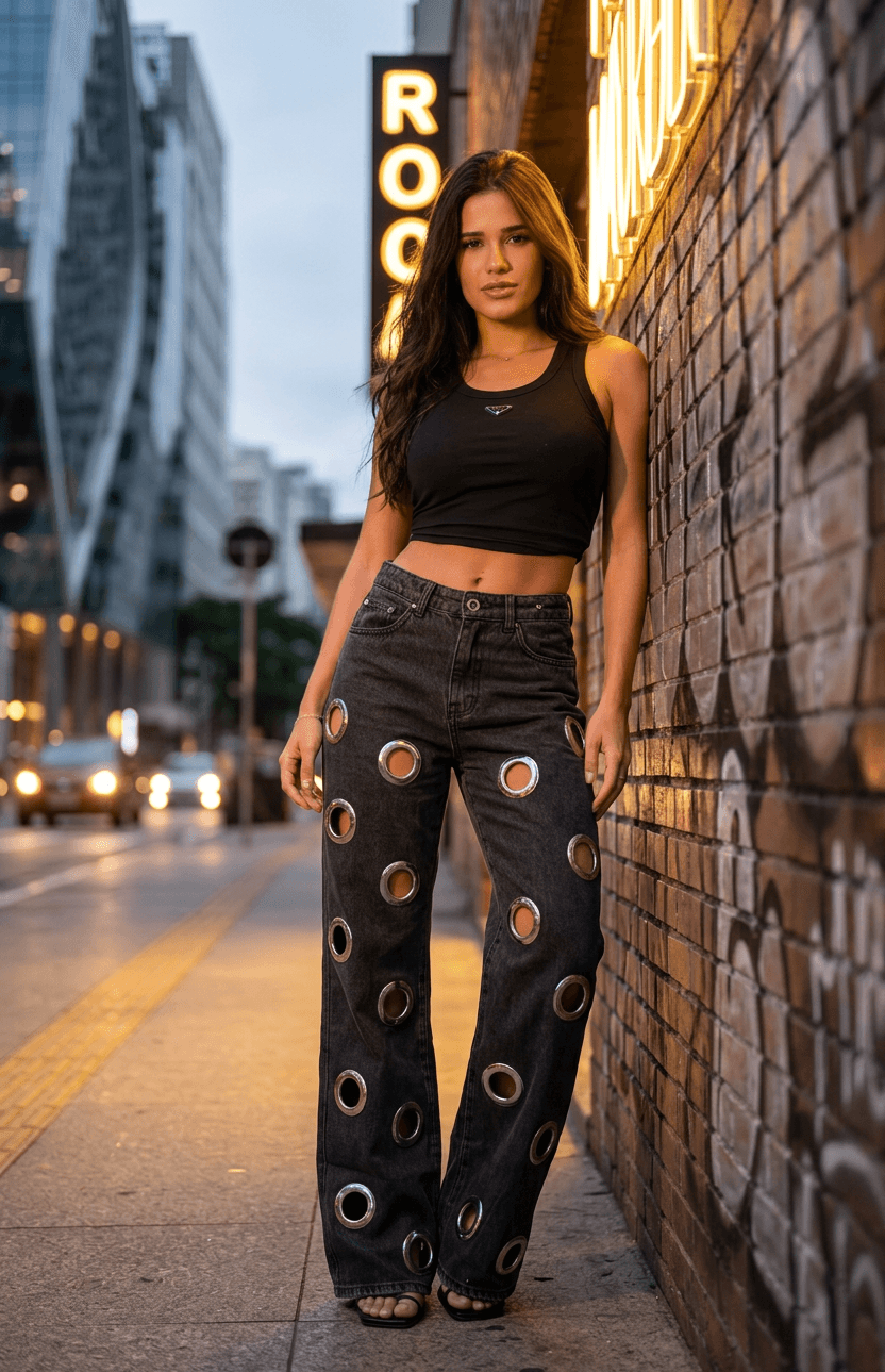 Modelo com a calca wide leg grommet em cena urbana ao entardecer, encostada na parede de tijolos.