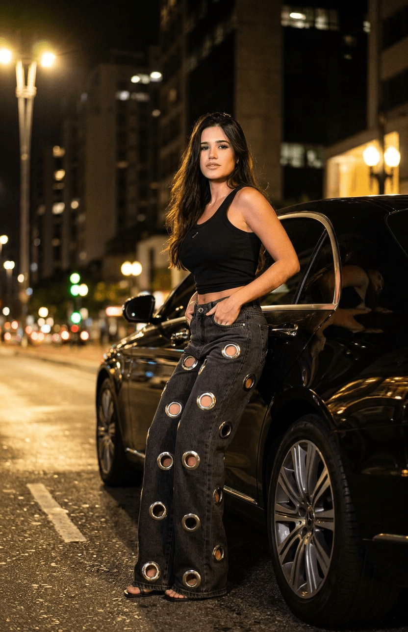 Modelo com a calca wide leg grommet em pose frontal com destaque para o caimento.